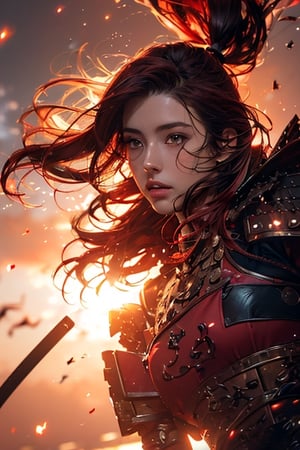 a 20 yo woman, soothing tones, muted colors, high contrast, (Japan armor:1.5), woman Samurai,katana on right hand,(natural skin texture, hyperrealism, soft light, sharp), simple background, long hair, messy_hair, (dark red hair:1.6),(floating hair:1.8), middle breasts, very thin waist, wide pelvis, medium hips,stand, upper body,armor,samurai,angelawhite,fire,weapon,r1ge