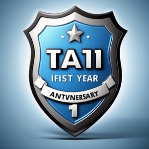 realistic image photography of badge logo with a text ((("TA 1st YEAR TA1BADGE FIRST ANNIVERSARY"))) inside a shield shape badge logo, light blue, white and black colour, ultra detailed, ultra realistic, with dramatic polarizing filter, sharp focus, HDR, 64K, 16mm, color graded portra 400 film, remarkable color, ultra realistic, text: "tensor art"
