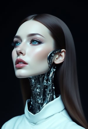 Futuristic female android in a close-up shot, partially revealing her mechanical structure. Her pale skin and soft pink lips shine under gentle lighting, while bright blue eyes with a slight glow captivate attention. Long dark lashes and precisely shaped eyebrows frame her face. Right side of neck and jaw exposed, showcasing intricate metallic parts. Dark brown hair styled smoothly back, no accessories visible. Minimalist white garment worn, blending harmoniously with mechanical details. Soft lighting highlights face and metal, while subtle shadows add depth. Dark background minimizes distractions, focusing on the subject's lifelike yet futuristic appearance.