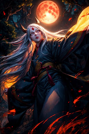 masterpiece,best quality,highly detailed,ultra-detailed,an extremely delicate and beautiful,masterpiece,1girl, solo,kaguya,mature female, long pure white long hair, absurdly long hair, third eye,horns, pale skin,white short eyebrows, otsutsuki kimono, perfect eyes,floating hair, sexy pose, High quality 7k, High resolution ,fully_clothed, Meteorites with magma falling from the sky at night,third eye,pale skin,dynamic pose, dynamic poses, ( backview), (looking upward:1.6), (long shot:1.5), (from below:1.0),forests,big trees,temples,red full moon,r1ge