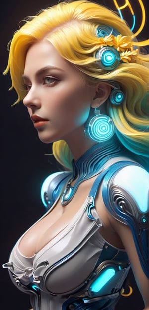 Get lost in the mesmerizing world of this electric circuit-inspired prompt. A powerful blonde-American woman's face, crafted with visionary art, is illuminated by electric sparks. Her symmetrical features and intense expression give off a sci-fi feel, while the ultra-detailed rendering and psychedelic colors add a touch of otherworldly beauty,smile, (oil shiny skin:1.0), (big_boobs:2.8), willowy, chiseled, (hunky:2.4),(( body rotation -35 degree)), (upper body:0.8),(perfect anatomy, prefecthand, dress, long fingers, 4 fingers, 1 thumb), 9 head body lenth, dynamic sexy pose, breast apart, (artistic pose of awoman),chrometech,surface imperfections,steampunk,bubbleGL,neotech,ste4mpunk,DonMM00m13sXL,glowing,scifi,NIJI STYLE,ral-3dwvz,DonMASKTexXL ,Flower Blindfold,NYFlowerGirl,DonMChr0m4t3rr4XL 