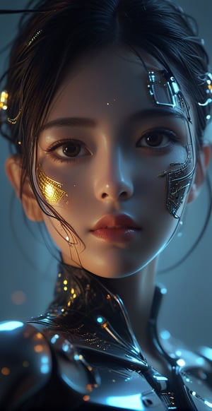 ((cowboy shot)),Macro photo showcasing  a futuristic, humanoid figure's face, adorned with intricate jewelry and electronic interfaces. Her gaze is intense, and her skin glows with a mix of natural and neon hues. The detailed view reveals cascading digital rain and illuminated lines, enhancing the cybernetic ambiance. in wide ratio,, smile, (oil shiny skin:1.3), (huge_boobs:2.6), willowy, chiseled, (hunky:2.0), body turn -46 degree, (perfect anatomy, prefecthand, dress, long fingers, 4 fingers, 1 thumb), 9 head body lenth, dynamic sexy pose, breast apart, ((full body:1.2)), (artistic pose of a woman),chrometech,surface imperfections,DonMM4ch1n3W0rldXL ,circuitboard,dark futuristic