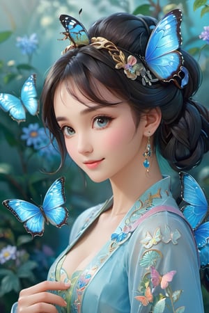 8k, (absurdres, highres, ultra detailed),1LADY. light blue butterfly (transparent, luminous), different world letters, pastel colors, fantasy world, Art Nouveau, Alphonse Mucha,szhf dress, smile, (oil shiny skin:1.2), (big breast:1.3), (perfect anatomy, prefecthand, dress, long fingers, 4 fingers, 1 thumb), 9 head body lenth, dynamic sexy pose, breast apart, (upper body:0.8), looking at viewer, (viewed_from_side:0.8),