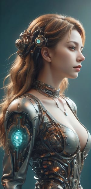 ((medium shot)), (RAW photo, best quality), (realistic, photo-Realistic:1.3), Imagine a beautiful cyborg with a translucent glowing glass body with colorful electronic mecha part and clockwork completely visible through her translucent glass body walking through a futuristic city, flowy hair, fantasy, work of beauty and complexity, 8k UHD, hyperdetailed ultrarealistic face, hazel eyes ,cyborg style, glowing translucent glass, amber glow,steampunk style, glass body, 80mm digital photo , wide_hips, translucent seethrough glass like body,Leonardo Style,cyberpunk style, iridescent glow,glasstech,,smile, (oil shiny skin:1.0), (big_boobs:2.8), willowy, chiseled, (hunky:2.4),(( body rotation -35 degree)), (upper body:0.8),(perfect anatomy, prefecthand, dress, long fingers, 4 fingers, 1 thumb), 9 head body lenth, dynamic sexy pose, breast apart, (artistic pose of awoman),chrometech,surface imperfections,steampunk,bubbleGL,neotech,ste4mpunk