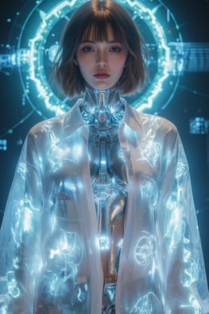 Cyberpunk female android wearing a white shirt, ((The shirt is wet and transparent)),see-through clothes, A cybernetic body can be seen underneath, light reflecting off the mirrored mechanical body, short wavy brown hair, and piercing eyes. Mechanical neck and chest with intricate details. Futuristic background with holographic elements. Anime style, high-contrast lighting, detailed mechanical parts, elegant yet robot-like poses, and a sophisticated and mysterious atmosphere.,FuturEvoLabMecha