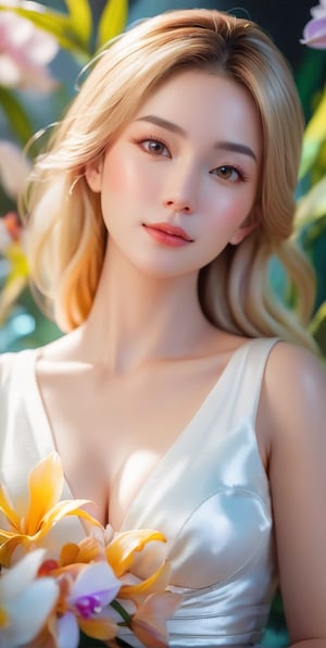 Medium full shot ,4k,best quality,masterpiece,1 American girl, 1 girl,(blond hair,multicolored hair, long_hair, crossed bangs, ,), a woman,contemplative or relaxed state. She is depicted from the back, with her hair tied up in a bun. The woman is wearing a white or light-colored dress or gown. The painting captures her in a moment of serenity, with her gaze directed downwards. In the foreground, there are white flowers, possibly orchids, which add a touch of elegance and contrast to the warm tones of her skin and the background. ,smile,(oil shiny skin:1.0), (big_boobs:1.9), willowy, chiseled, (hunky:2.2),(( body rotation 120 degree)), (perfect anatomy, prefecthand, dress, long fingers, 4 fingers, 1 thumb), 9 head body lenth, dynamic sexy pose, breast apart, (artistic pose of awoman),NIJI STYLE,DonM3lv3sXL,Long_Exposure,better