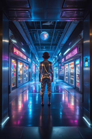 upper body ,The Observation Deck on the Orbiting Station. Framed by sleek interior, we gaze out at stars and distant alien planet. Soft glow illuminates polished metal surfaces, while silence is broken by air filtration hiss and engine hum.

In the foreground, a winding alleyway lined with holographic shop signs stretches into distance, punctuated by robotic street cleaners moving in sync. A young woman stands at entrance, back to us, clad in metallic silver jumpsuit and goggles. Her reflection bounces off her outfit, creating kaleidoscope of colors.

Medium-wide shot from side captures her, emphasizing neon-lit alleyway disappearing behind, creating depth and perspective. Stark lighting with neon signs casting rainbow colors across scene.