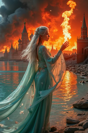 A majestic Japanese woman stands on the crystal-clear lake shore, her silver hair glistening in warm sunlight. She gazes out at the water's serene surface, her stunning sea-colored silk gown flowing behind her, adorned with delicate seashell and pearl embroidery. The surrounding landscape is bathed in a soft, golden light.

In contrast, a desolate Moscow Kremlin stands amidst a fiery red sky ablaze with flames and dark black clouds looming overhead, framing the ruinous scene. Shattered bricks and twisted metal scatter across the composition, showcasing every detail of devastation.

As she stands, her hand holds aloft, crackling with intense flame, casting a warm glow on her serene face, juxtaposing the tranquility of her surroundings with the fiery power within.