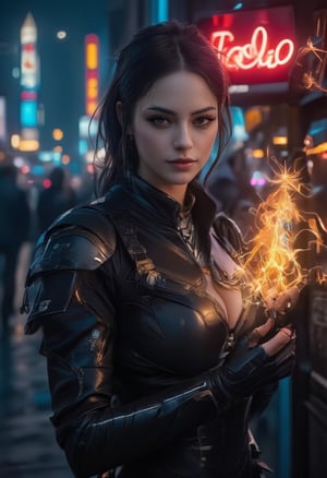 Close up,In a dimly lit, neon-lit urban alleyway, the stunning OHWX woman poses confidently, radiating empowerment in a futuristic amour outfit. Her pale skin glows under HDR lighting as she wears sleek metal gloves, exuding strength and sophistication. Framed by towering cityscapes, her striking features are bathed in 8K UHD glory, evoking the high-fashion aesthetic of Vogue. A masterpiece of professional photography, this cyberpunk-inspired portrait is a testament to femininity and technological prowess. there cyberpunk bar with a neon sign. An ugly mexican Space pirate is casually leaning on a shiny futuristic space fighter wing on the landing pad. (((Rise her hand crackling with huge fire ball as she gazes directly at the camera,.,)))