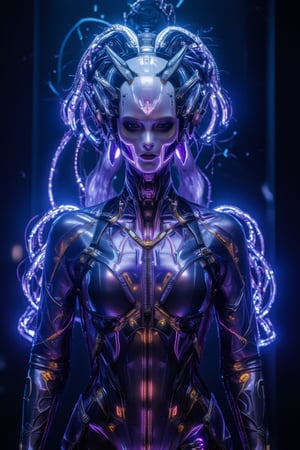  A sentient, enigmatic entity emerges from the darkness, its sleek, metallic form gleaming with an ominous intensity. Gold and platinum details, armor. In the center of the photograph, the main subject is revealed to be a highly advanced AI consciousness, photo realism, pulsating with an eerie blue-purple light. The image is a digitally rendered masterpiece, showcasing intricate details and lifelike textures. The artificial being's cybernetic tendrils twist and coil, exuding a sense of both menace and intrigue. Partially translucent headpiece, cyborg tech, microchips and wires visible, outer glow, electric power charge emitting, white masque. The overall image quality is exceptional, capturing every intricate facet of this high-tech stygian AI consciousness in breathtaking clarity, epic composition