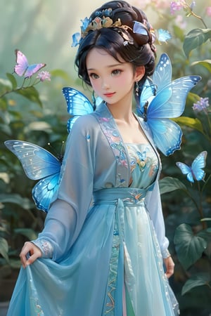 8k, (absurdres, highres, ultra detailed),1LADY. light blue butterfly (transparent, luminous), different world letters, pastel colors, fantasy world, Art Nouveau, Alphonse Mucha,szhf dress, smile, (oil shiny skin:1.2), (big breast:1.3), (perfect anatomy, prefecthand, dress, long fingers, 4 fingers, 1 thumb), 9 head body lenth, dynamic sexy pose, breast apart, (upper body:0.8), looking at viewer, (viewed_from_side:1.6),