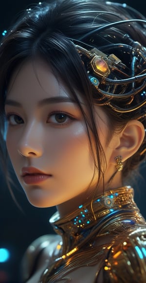 ((cowboy shot)),Macro photo showcasing  a futuristic, humanoid figure's face, adorned with intricate jewelry and electronic interfaces. Her gaze is intense, and her skin glows with a mix of natural and neon hues. The detailed view reveals cascading digital rain and illuminated lines, enhancing the cybernetic ambiance. in wide ratio,, smile, (oil shiny skin:1.3), (huge_boobs:2.6), willowy, chiseled, (hunky:2.0), body turn -46 degree, (perfect anatomy, prefecthand, dress, long fingers, 4 fingers, 1 thumb), 9 head body lenth, dynamic sexy pose, breast apart, ((full body:1.2)), (artistic pose of a woman),chrometech,surface imperfections,DonMM4ch1n3W0rldXL ,circuitboard