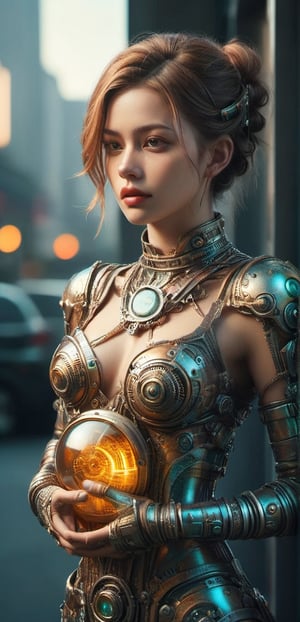 ((medium shot)), (RAW photo, best quality), (realistic, photo-Realistic:1.3), Imagine a beautiful cyborg with a translucent glowing glass body with colorful electronic mecha part and clockwork completely visible through her translucent glass body walking through a futuristic city, flowy hair, fantasy, work of beauty and complexity, 8k UHD, hyperdetailed ultrarealistic face, hazel eyes ,cyborg style, glowing translucent glass, amber glow,steampunk style, glass body, 80mm digital photo , wide_hips, translucent seethrough glass like body,Leonardo Style,cyberpunk style, iridescent glow,glasstech,,smile, (oil shiny skin:1.0), (big_boobs:2.8), willowy, chiseled, (hunky:2.4),(( body rotation -35 degree)), (upper body:0.8),(perfect anatomy, prefecthand, dress, long fingers, 4 fingers, 1 thumb), 9 head body lenth, dynamic sexy pose, breast apart, (artistic pose of awoman),chrometech,surface imperfections,steampunk,bubbleGL,neotech,ste4mpunk,DonMM00m13sXL