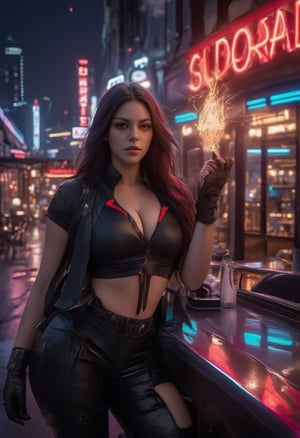 Close up,In a dimly lit, neon-lit urban alleyway, the stunning OHWX woman poses confidently, radiating empowerment in a futuristic amour outfit. Her pale skin glows under HDR lighting as she wears sleek metal gloves, exuding strength and sophistication. Framed by towering cityscapes, her striking features are bathed in 8K UHD glory, evoking the high-fashion aesthetic of Vogue. A masterpiece of professional photography, this cyberpunk-inspired portrait is a testament to femininity and technological prowess. there cyberpunk bar with a neon sign. An ugly mexican Space pirate is casually leaning on a shiny futuristic space fighter wing on the landing pad. (((Rise her hand crackling with huge fire ball as she gazes directly at the camera,.,)))