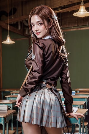  1girl, solo, long hair, red eyes, (school uniform:1.5), katana, classroom, (high resolution, detailed, best quality, sharp), closed_mouth, (smile:1.2), (perfect hands, perfect anatomy), ( shiny oil skin:1.2), thin waist, curved body, dynamic sexy pose, (brown hair:1.5), long fingers, sexy body, (gigantic breast:0.9), 9 head length body, looking at viewer, (cowboy shot:0.8), (viewed_from_behind:1.4), Huaxi Street Tourist Night Market background,