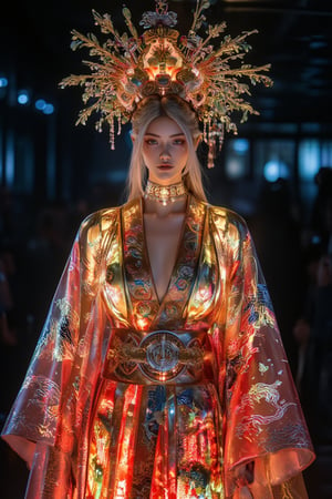 A stunning (Ukrainian woman), wearing an opulent ancient Chinese empress costume,Her Slavic features, -blue eyes and fair skin, contrast beautifully with the ornate Chinese attire, Elaborate headdress adorned with gold filigree, jade beads, and hanging pearls, Intricate phoenix crown with delicate golden leaves and gemstones,Layered silk robes in rich red and gold, embroidered with dragons and auspicious symbols, Wide, flowing sleeves with detailed embroidery, Ornate collar piece studded with precious stones,Long blonde hair partially visible beneath the headdress,Beautiful woman,Photorealistic,Fantasy detailers