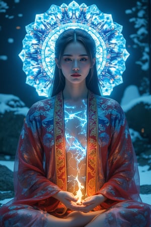 ral-ertmsphr, realistic, detailmaximizer, portrait of a young beautiful Chinese woman with pale skin and long dark hair, blue mystical make up, striking white eyes with ,  pale blue lips. She wears an ornate, traditional garment in red gold and blue with dragon-like designs on the shoulders. Set against a blurred snowy landscape with dark rocks and trees creating a serene mystical atmosphere. The style focuses on realistic textures, intricate details, and ethereal beauty, evoking a contemplative, mystical mood. highly detailed background, (((her hand crackling with huge fire power as she gazes directly at the camera,gentle facial contours poses meditatively in an Indian-inspired cross-legged position. The colorfully neon light of chakra shines through the head, chest, and abdomen, Behind her, a radiant, magical mandala-like aura of glowing, icy patterns spreads out, adding an ethereal and divine presence,)))