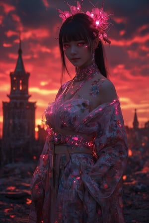 In a desolate post-apocalyptic Moscow Kremlin, ravaged by chaos and destruction, a lone cyborg stands amidst the ruins. Her fluorescent pink eyes glow bright amidst the fiery red sky ablaze with flames and dark black clouds. She wears a stunning kimono with floral print of cherry blossoms, its delicate petals fluttering in the wind. A soft smile plays on her lips as she looks directly at the viewer, her parted bangs framing her face like a work of art. Her long black hair flows down her back, adorned with a hair ornament that shines like a beacon of hope. The once-beautiful fabric is now tattered and worn, mirroring the destruction surrounding her. A delicate bow adorns her neck, complementing the intricate jewelry wrapping around her upper body. Amidst the devastation, she stands frozen in time, her beauty and poise a defiant declaration against the backdrop of destruction. Upper body, 4K, best quality, masterpiece.