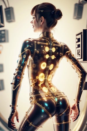 , gelatintech , scifi, yellow , see-through, transparent, giggly , 1girl, ,gelatintech,, (oil shiny skin:1.3), (middle breast:0.9), (perfect anatomy, prefecthand, dress, long fingers, 4 fingers, 1 thumb), 9 head body lenth, dynamic sexy pose, breast apart, (upper body:0.9), looking at viewer,more detail , (From behind:1.4),glasstech