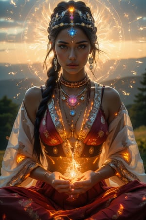 A stunning portrait of a beautiful woman, dressed in a cyberpunk-inspired traditional Native American costume, set against the picturesque Bulgarian countryside. The subject's olive skin glows warmly under a soft, golden lighting. Her high cheekbones and captivating green eyes seem to shimmer with an otherworldly intensity. A flowing black braid cascades down her back, adorned with intricate LED-illuminated flower-shaped hair accessories that emit a soft, ethereal light.

The ornate robe features intricate LED-illuminated embroidery in gold and pastel colors, emitting a gentle glow that complements the subject's skin tone. The crimson pleated skirt falls to the floor, its hemline adorned with sparkling beaded necklaces that add depth and dimensionality to the composition.

In the foreground, a panoramic view of the Bulgarian countryside stretches out, with rolling hills and lush greenery creating a sense of depth and perspective. The fabric textures and embroidery details are exquisitely rendered in 8K resolution, giving the image a photorealistic quality that's simply breathtaking. The overall style is a perfect blend of fantasy and realism, making this portrait truly unforgettable. (((her hand crackling with huge fire power as she gazes directly at the camera,gentle facial contours poses meditatively in an Indian-inspired cross-legged position. The colorfully neon light of chakra shines through the head, chest, and abdomen, Behind her, a radiant, magical mandala-like aura of glowing, icy patterns spreads out, adding an ethereal and divine presence,)))