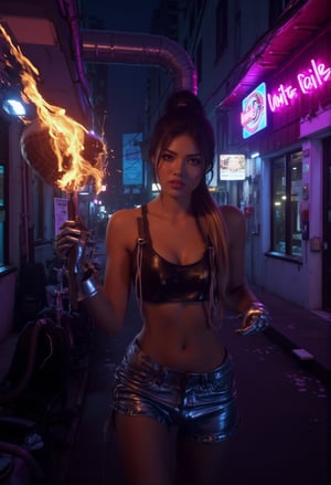 Upper body,In a dimly lit, neon-lit urban alleyway, the stunning OHWX woman poses confidently, radiating empowerment in a futuristic amour outfit. Her pale skin glows under HDR lighting as she wears sleek metal gloves, exuding strength and sophistication. Framed by towering cityscapes, her striking features are bathed in 8K UHD glory, evoking the high-fashion aesthetic of Vogue. A masterpiece of professional photography, this cyberpunk-inspired portrait is a testament to femininity and technological prowess. there cyberpunk bar with a neon sign. An ugly mexican Space pirate is casually leaning on a shiny futuristic space fighter wing on the landing pad. (((Rise her hand crackling with huge fire ball as she gazes directly at the camera,.,)))