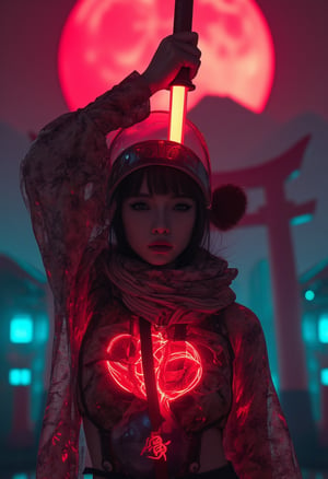 (An overhead close-up shot captures the cyborg warrior as she lifts her katana high above her head, the blade dominating the frame and glowing with the crimson light of the red moon. The focus shifts from the sharp edge of the katana to her mechanical jaw and intense eyes beneath her short, double pom-pom hair. Her baggy kimono and flowing scarf add intricate textures to the scene as they ripple in the wind. In the background, blurred out, two mountains and a giant torii gate loom under the red moonlight, with volumetric fog and cyan-red lights creating an otherworldly ambiance retro cyberpunk girl, (kyoto street background:1.1),cyberhelmet, unzip sleeves,(((with her Rib Cage made of only glass. Neon cables and gears inside the glass body ,:1.2),