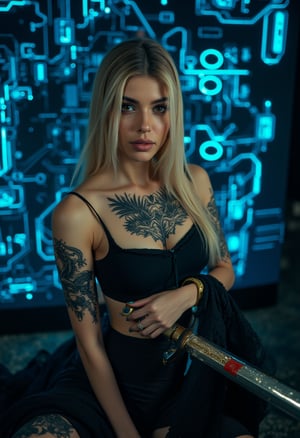  a woman with a dragon tattoo and long blonde hair, sitting gracefully with her sword by her side, against a detailed circuit board background. The circuit board is illuminated with blue lights and complex patterns. Her expression is calm and composed, and the lighting is soft, highlighting her features and the tattoo. The camera shot is a wide shot, capturing her full body and the detailed background.