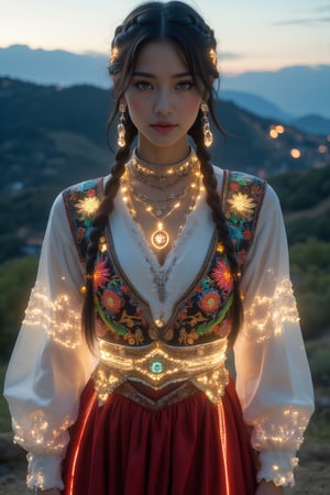 1 girl, Portrait of an exotic beauty in traditional Bulgarian folk costume. Olive skin, high cheekbones, captivating green eyes, beautiful flowing black hair, braided hair, intricate robe, white embroidered blouse with puffy sleeves, colorful vest with intricate LED-illuminated embroidery, crimson pleated skirt,((LED-illuminated embroidery on the costume)), intricate floral and geometric patterns emitting soft light in gold and pastel colors. Ornate apron decorated with LED-illuminated threads, strings of sparkling beaded necklaces, LED-illuminated flower-shaped hair accessories adorning long black hair in traditional braids emit an ethereal light, delicate golden threads woven into the braids are softly illuminated, panoramic background of Bulgarian countryside. Highly detailed texture of fabric and embroidery. 8K resolution, photorealistic style with fantasy elements.,maya_model,Neon,lyraecho