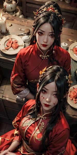 Masterpiece, Best Quality, Beautiful, High Quality, High Resolution Aesthetics, Detailed, Extremely Detailed, Ambient Soft Lighting, Perfect Eyes, Perfect Face, Somber Expression, 1girl, long black hair, hair accessories, 
Horror atmosphere, ancient Chinese bride, sitting in the room, candles on the table, red traditional Chinese dress, pale face, exquisite headdress, red lips, weird smile, a picture full of horror atmosphere,epiC35mm, qzcnhorror,from_above