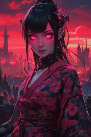 In a desolate post-apocalyptic Moscow Kremlin, ravaged by chaos and destruction, a lone cyborg stands amidst the ruins. Her fluorescent pink eyes glow bright amidst the fiery red sky ablaze with flames and dark black clouds. She wears a stunning kimono with floral print of cherry blossoms, its delicate petals fluttering in the wind. A soft smile plays on her lips as she looks directly at the viewer, her parted bangs framing her face like a work of art. Her long black hair flows down her back, adorned with a hair ornament that shines like a beacon of hope. The once-beautiful fabric is now tattered and worn, mirroring the destruction surrounding her. A delicate bow adorns her neck, complementing the intricate jewelry wrapping around her upper body. Amidst the devastation, she stands frozen in time, her beauty and poise a defiant declaration against the backdrop of destruction. Upper body, 4K, best quality, masterpiece.