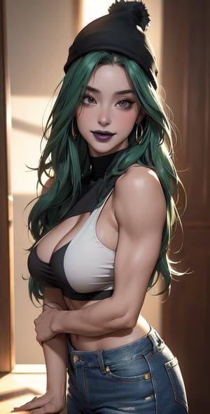 (Upper body),1girl ,beautiful 28 yo girl,deep green hair,long hair,straight hair ,((Best quality, 8k, 32k, masterpiece,RAW photo, (realistic, photo-realistic:1.3),best quality,highly detailed,masterpiece,ultra-detailed)) , (A crop top and low-rise jeans hug her toned physique, while a beanie adds an air of mystery. Sidelighting casts dramatic shadows on her face, emphasizing laugh lines, bags under her eyes, and tired eyes. Matte black lipstick and eyeliner accentuate her mysterious allure., tight undersized clothes, spilling cleavage.), ,blurry_background,smile,looking_at_viewer,(oil shiny skin:0.8), (big_boobs), breast apart,willowy, chiseled, (hunky:1.9),(perfect anatomy, prefect hand,), 9 head body lenth, dynamic sexy pose, (artistic pose of awoman),(from_pov:1.3)