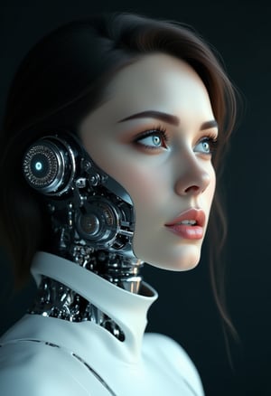 Futuristic female android in a close-up shot, partially revealing her mechanical structure. Her pale skin and soft pink lips shine under gentle lighting, while bright blue eyes with a slight glow captivate attention. Long dark lashes and precisely shaped eyebrows frame her face. Right side of neck and jaw exposed, showcasing intricate metallic parts. Dark brown hair styled smoothly back, no accessories visible. Minimalist white garment worn, blending harmoniously with mechanical details. Soft lighting highlights face and metal, while subtle shadows add depth. Dark background minimizes distractions, focusing on the subject's lifelike yet futuristic appearance.