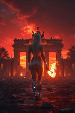 Here's the photorealistic image you requested:

In this breathtaking 8K UHD masterpiece, we find ourselves in a desolate wasteland, with the ravaged remains of Brandenburg Gate in Berlin serving as a haunting backdrop. Amidst the ruins, a stunning American girl stands tall, her long blond hair drifting gently in an unseen breeze. She wears a sleek, sleeveless astronaut suit that blends ancient and futuristic elements, complete with a radiant bioluminescent entity orbiting her. One hand rests demurely on her hip, while the other points skyward, as if beckoning forth the apocalyptic chaos unfolding behind her. A fiery red sky blazes above, dark black clouds looming menacingly overhead. In her hand, a massive fire crackles and roars to life, casting an eerie glow across the devastation. The composition is flawless, showcasing every shattered brick and twisted metal in jaw-dropping RAW detail, as if captured from a cinematic still.