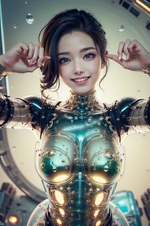 , gelatintech , scifi, yellow , see-through, transparent, giggly , 1girl, ,gelatintech,, (oil shiny skin:1.3), (middle breast:0.9), (perfect anatomy, prefecthand, dress, long fingers, 4 fingers, 1 thumb), 9 head body lenth, dynamic sexy pose, breast apart, (upper body:0.9), looking at viewer,more detail , (From above:1.4),glasstech