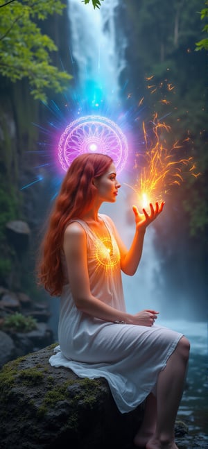 A serene woman with long, flowing red hair sits on a rock beside a cascading waterfall. She wears a simple, flowing dress that moves with the breeze. The sound of the water and the lush greenery surrounding her create a tranquil and natural atmosphere.
 . (((her hand crackling with huge fire power as she gazes directly at the camera,. The colorfully neon light of chakra shines through the head, chest, and abdomen, Behind her, a radiant, magical mandala-like aura of glowing, icy patterns spreads out, adding an ethereal and divine presence,)))