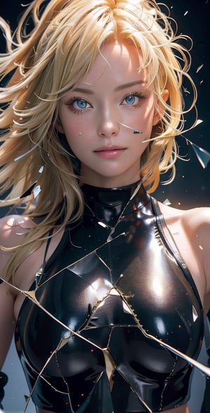 Upper body ,1girl ,beautiful 28 yo girl,blonde hair, short_hair,messy hair ,((Best quality, 8k, 32k, masterpiece,RAW photo, (realistic, photo-realistic:1.3),best quality,highly detailed,masterpiece,ultra-detailed)) a beautiful woman wearing a high collar motorcycle jacket with japanese writing on the back, fight stance, fists up, Split, solo, simple background, shoulders implementations of wires and nano Future Tech,
 ,blurry background,smile,,(oil shiny skin:1.1), (big_boobs), willowy, chiseled, (hunky:1.6),(perfect anatomy, prefect hand,), 9 head body lenth, dynamic sexy pose, (artistic pose of awoman),(from_pov:1.3),glass crack