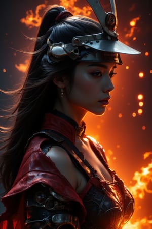 mythp0rt, Silhouette Art, breathtaking detailed, masterpiece, awe-inspiring, radiant, magnificent. (all dark hues and fine vibrant orange glowing smoldering accent and shiny silver color scheme:1.02). glossy. stunning oriental woman, long hair, samurai helment, red leather samurai armour