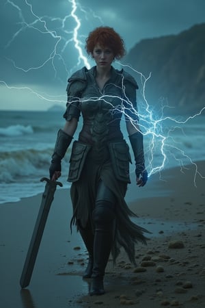 It is evening, a huge storm is coming in. The waves are large. Woman walking on beach. She has short, curly auburn hair and blue eyes. She is around 60, beautiful and determined looking. She is a mid evil warrior, wearing parts of her armor. She has a big, metal sword in one of her hands..,(her hand crackling with huge electricity power as she gazes directly at the camera))