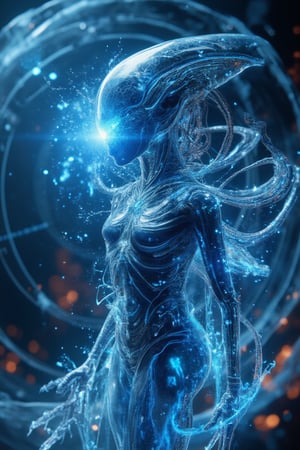 A majestic Xenomorph Queen emerges from a swirling vortex of bio-luminescent energy, her translucent, transparent, and reflective exoskeleton glistening like polished obsidian. Neon-blue splashes of light dance across her upper body, as if fueled by her ancient power. The camera zooms in for a hyper-detailed close-up portrait, capturing every intricate detail, from the swirling patterns on her thorax to the delicate fibers of her wing membranes. In the background, 3D elements of poly-hydro-morphic forms blend seamlessly with neo-geo structures, evoking a sense of otherworldly architecture. The Fibonacci-based composition guides the viewer's gaze through this masterpiece of anthropomorphic sci-fi art, as if drawn into the very soul of the Alien Queen herself.