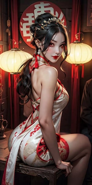 Masterpiece, Best Quality, Beautiful, High Quality, High Resolution Aesthetics, Detailed, Extremely Detailed, Ambient Soft Lighting, Perfect Eyes, Perfect Face, Somber Expression, 1girl, long black hair, hair accessories, 
Horror atmosphere, ancient Chinese bride, sitting in the room, candles on the table, red traditional Chinese dress, pale face, exquisite headdress, red lips, weird smile, a picture full of horror atmosphere,epiC35mm, qzcnhorror,from_behind