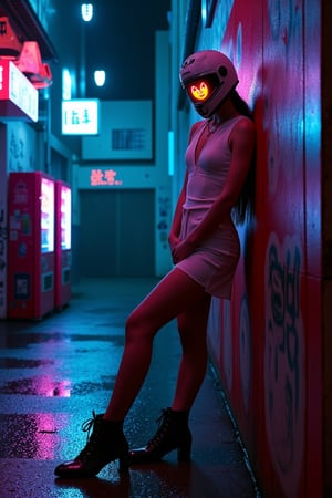 Here's the prompt:

In a gritty alleyway, a fashionable cyberpunk girl fashionista poses mid-shot from a low angle, wearing a sleek dress and a glossy CAT-inspired helmet with her face hidden inside an advanced holographic visage represented by emojis. Graffiti-covered walls, futuristic vending machines, and rain-soaked pavement reflect colorful neon lights as she leans against the wall, exuding relaxation in dimly lit atmosphere with soft rain falling.