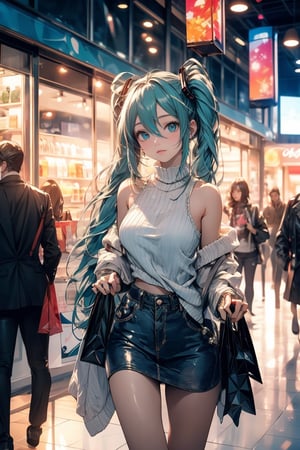 (hatsune_miku),  hair between eyes, hair ribbon, twin braids, very long hair , excited expression ,smile, oily lip, wearing a white off-shoulder turtleneck sweater and a miniskirt, clothing store in the shopping mall,engaging in winter window shopping, looking back at viewer, beautiful face, (full-body shot), shining eyes, emphasizing her facial expression and beautiful body lines, excited expression towards the camera, oily skin, ((highly detailed background:1.2)), more_details:1.5,(masterpiece:1.2), best quality,glowify,midjourney