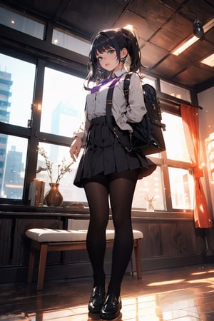 //quality and character
masterpiece, best quality, ultra-detailed, beautiful detailed, 4k, highres, ultla detailed, absurdres, BREAK
//Character
a girl in uniform posing near window in house-style living room, 1girl, solo, twintails, skirt, black hair, messy hair, BREAK, 
neck_tie, black footwear, looking at viewer, school uniform, grey skirt, jacket, shoes, loafers, full body, open mouth, pleated skirt, black jacket, school bag, standing, black pantyhose, shirt, white shirt, long hair, holding, bangs, BREAK,
looking at the sky, sunset, outdoor dark red and blue and purple sky,dynamic angle, boy back to the viewer,SGBB,midjourney