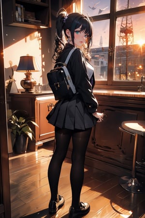 //quality and character
masterpiece, best quality, ultra-detailed, beautiful detailed, 4k, highres, ultla detailed, absurdres, BREAK
//Character
a girl in uniform posing near window in house-style living room, 1girl, solo, twintails, skirt, black hair, messy hair, BREAK, 
neck_tie, black footwear, looking at viewer, school uniform, grey skirt, jacket, shoes, loafers, full body, open mouth, pleated skirt, black jacket, school bag, standing, black pantyhose, shirt, white shirt, long hair, holding, bangs, BREAK,
looking at the sky, sunset, outdoor dark red and blue and purple sky,dynamic angle, boy back to the viewer,SGBB,midjourney