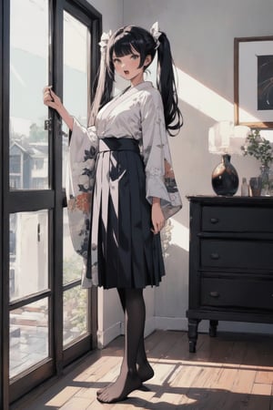 //quality and character
masterpiece, best quality, ultra-detailed, beautiful detailed,4k, highres, ultla detailed, absurdres, BREAK

//Character
a girl in kimono posing near window in house-style living room, 
1girl, solo, bag, pantyhose, twintails, skirt, black hair,  looking at viewer,  full body, BREAK, 
underwear, long skirt,  bare foot,
open mouth, pleated skirt, standing, black pantyhose, shirt, white shirt, long hair, holding, bangs, BREAK,

//background
 (living:1.2),BREAK,pastel colors