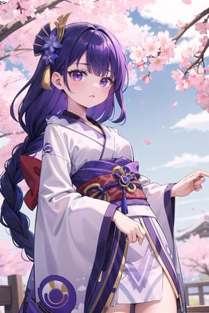 masterpiece,absurdres,best quality,Color Booster,niji,1girl,Long purple hair,blue hair ribbon,Sakura kimono,Cherry blossoms drift away,pastel colors,kawaii,raidenshogundef