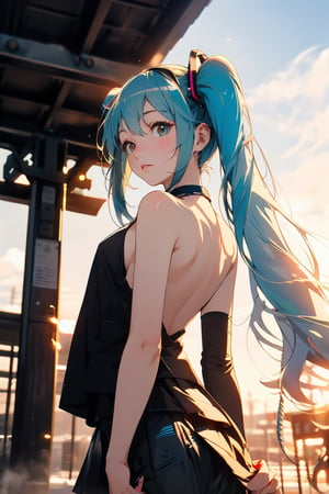 ((hatsune_miku:1.1),(bust_focus),winter_clothes, BREAK,dawn, outdoor dark red and blue and purple sky,
dynamic angle, boy back to the viewer,SGBB,midjourney