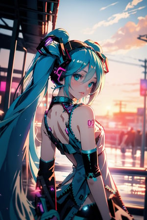 1girl, (hatsune_miku:1.5), looking at the sky, sunset, outdoor dark red and blue and purple sky, messy hair, BREAK,
dynamic angle, boy back to the viewer,SGBB,midjourney