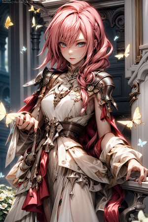 ((masterpiece)), ((best quality)), extremely detailed game CG, stylized illustrations, perfect anatomy,very detailed,iridescent, BREAK,

1 girl, solo, pinkhair, shiny eyes, detailed eyes, looking at viewer, robe hanfu,  ancient chinese hanfu,  intricate hairstyle , (streaks in hair), BREAK,

clothing,ouka_studio,perfect light, softer lines, perfect hands, side view, BREAK,

floral background,  vibrant butterfies ,black highlights, 
purple glittering butterflies, outdoors, flower garden, soft lighting, soft expression, butterflies ((white and black streaked hair)), BREAK,

LightningFF13