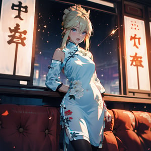 //quality and character
(masterpiece, best quality, ultra-detailed, beautiful detailed, 4k, highres),
((artoria pendragon:1.3) in (qipao:1.2) posing near window in restaulant), (Double eyelids Eyes),(green eyes), (blond_hair,twintails), upper_body, open mouth,, standing, BREAK, 
(white (qipao:1.5),  (deep slit), leotard, flower pattern),heels,  black pantyhose, (no sleeve),bare_shoulders, BREAK,
looking at the sky, sunset, dark red and blue and purple sky,dynamic angle, model shot,SGBB,midjourney,	 SILHOUETTE LIGHT PARTICLES